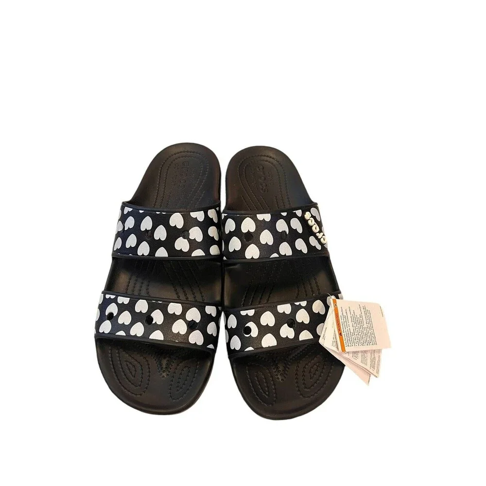 Crocs‎ Classic Sandal Mens 13 Black NWT Heart Print Double Strap Slides